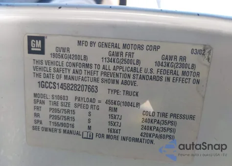 2002 Chevrolet S-10 z USA, uszkodzony, nr VIN 1GCCS145828207663